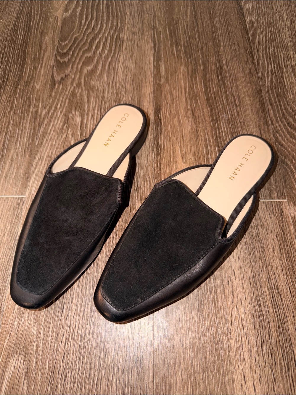 Cole Haan Black Suede & Leather Backless Loafers